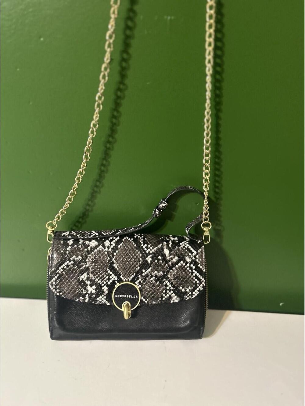 Chrisbella Snakeskin Flap Crossbody Wallet on Chain Black Gold Zip Around